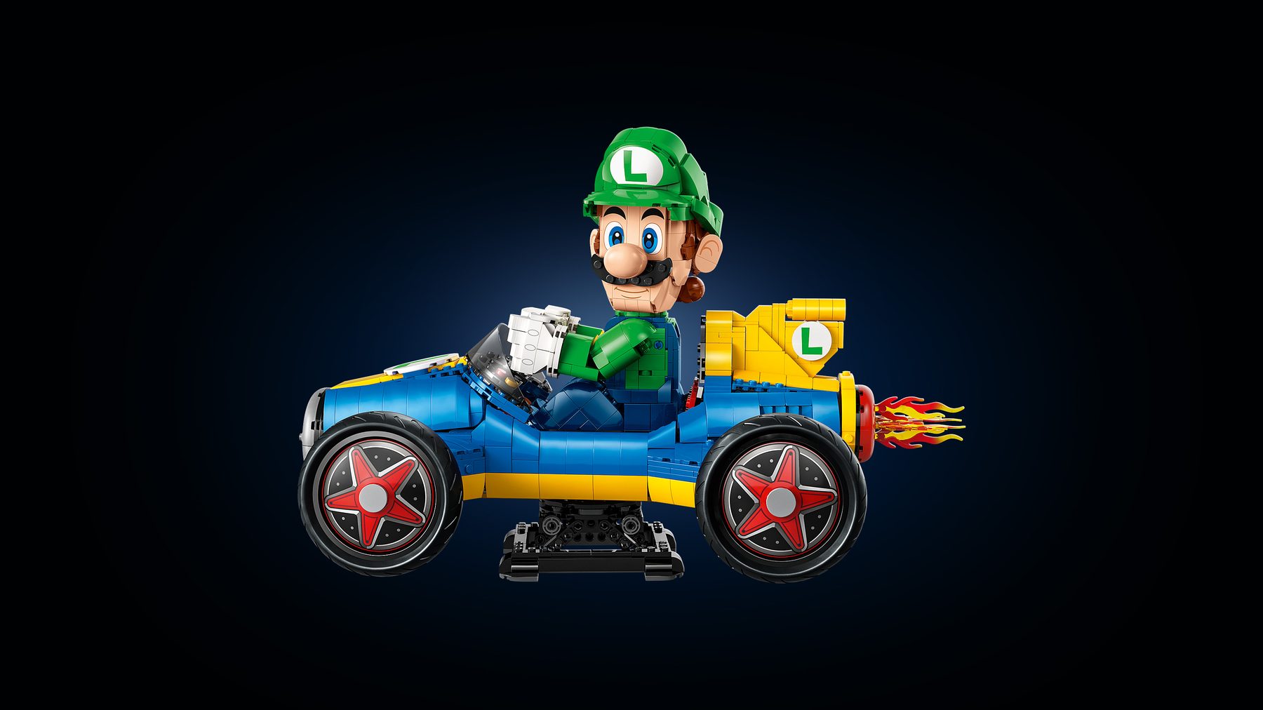 Official LEGO side view of the Mario Kart Luigi Mach 8 set on display stand
