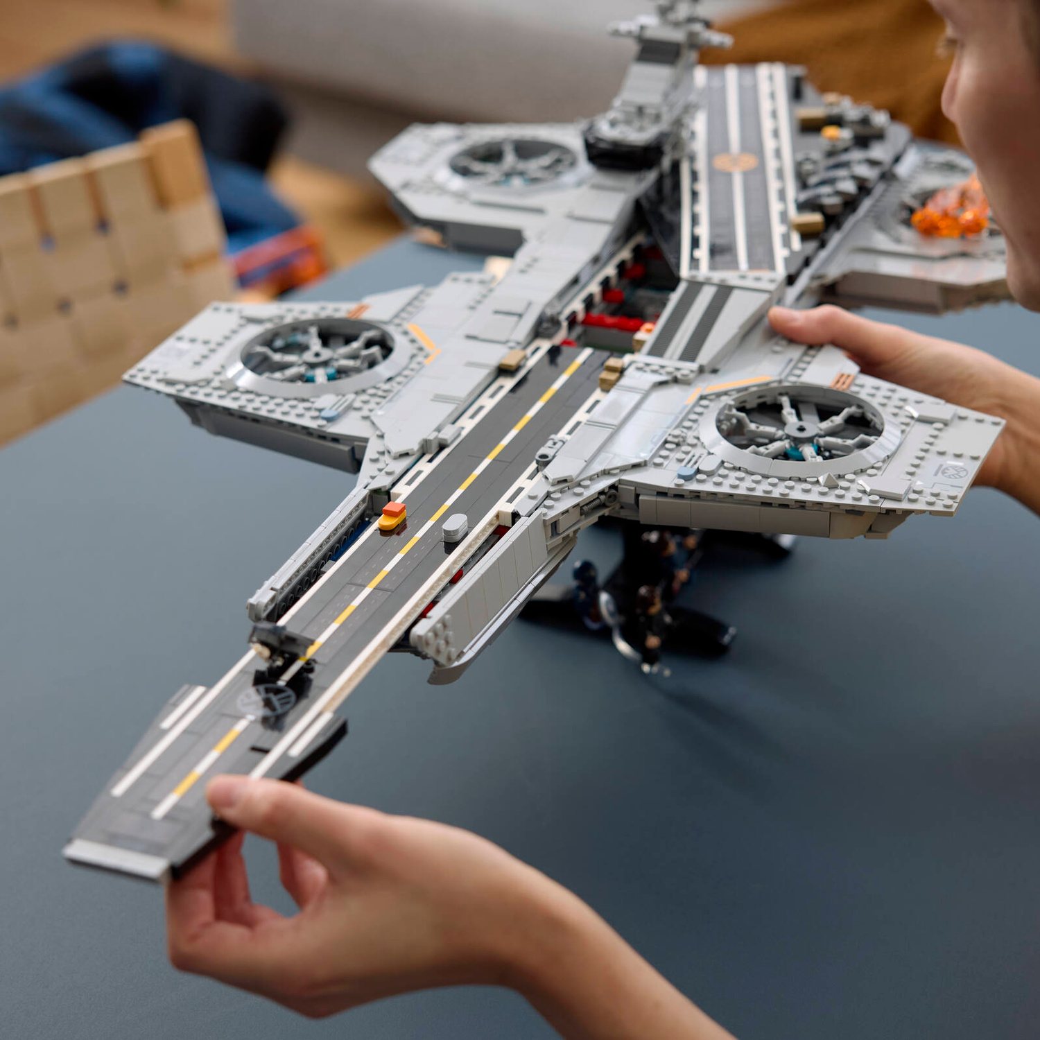 Official LEGO lifestyle visual for LEGO Marvel 76354 S.H.I.E.L.D. Helicarrier
