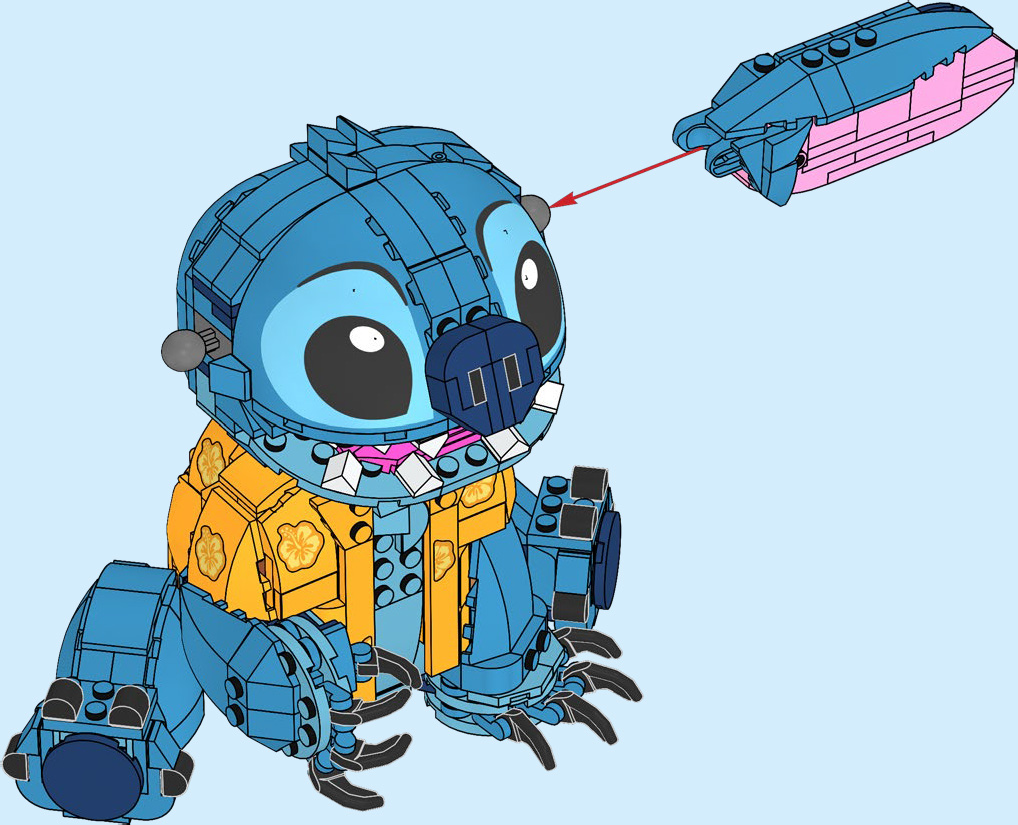 Official LEGO instruction render showing ear assembly for 43249 Stitch