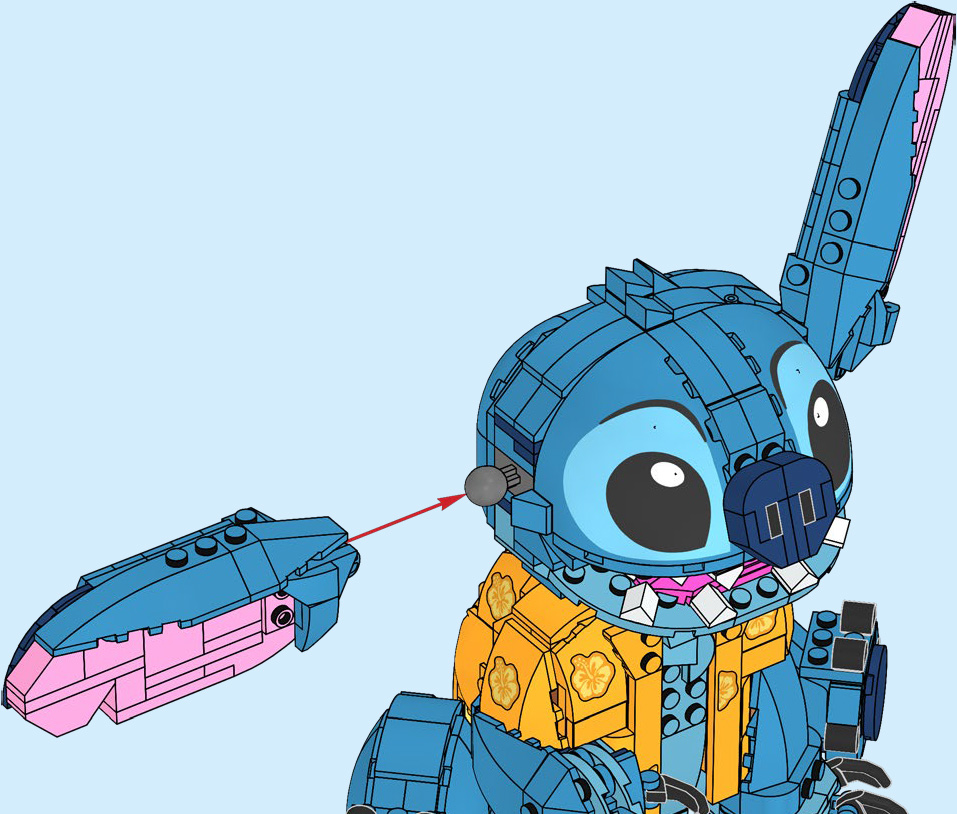 Official LEGO instruction render of LEGO Disney 43249 Stitch assembly detail