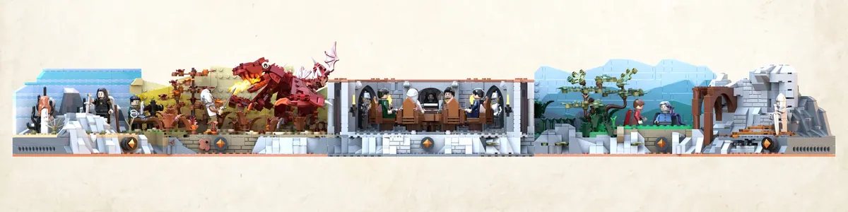 A wider scene from the Kaamelott LEGO Ideas project featuring creature action