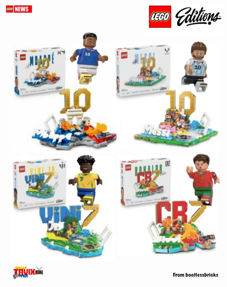 Instagram visual showing the rumored wave of four LEGO Editions football diorama sets including Lionel Messi