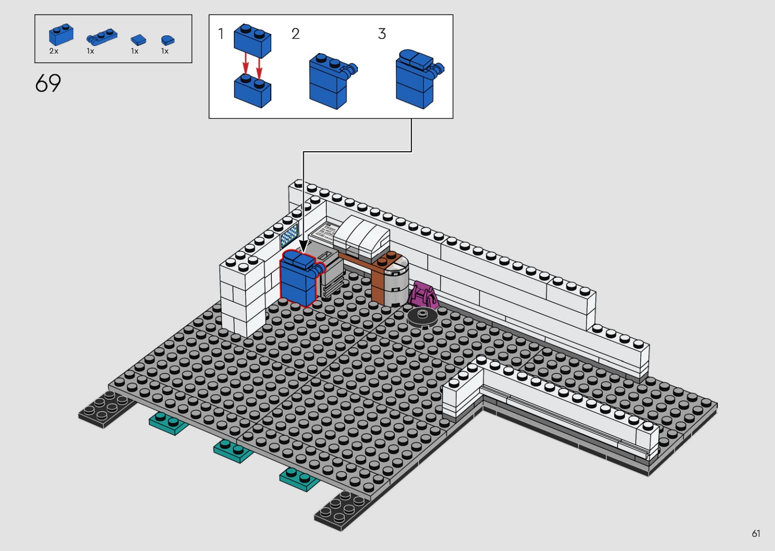 LEGO 21336 instruction page showing the blue wall accessory