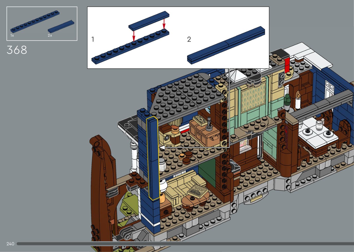 LEGO Icons 11370 Stranger Things The Creel House instruction page showing the house in a later construction stage