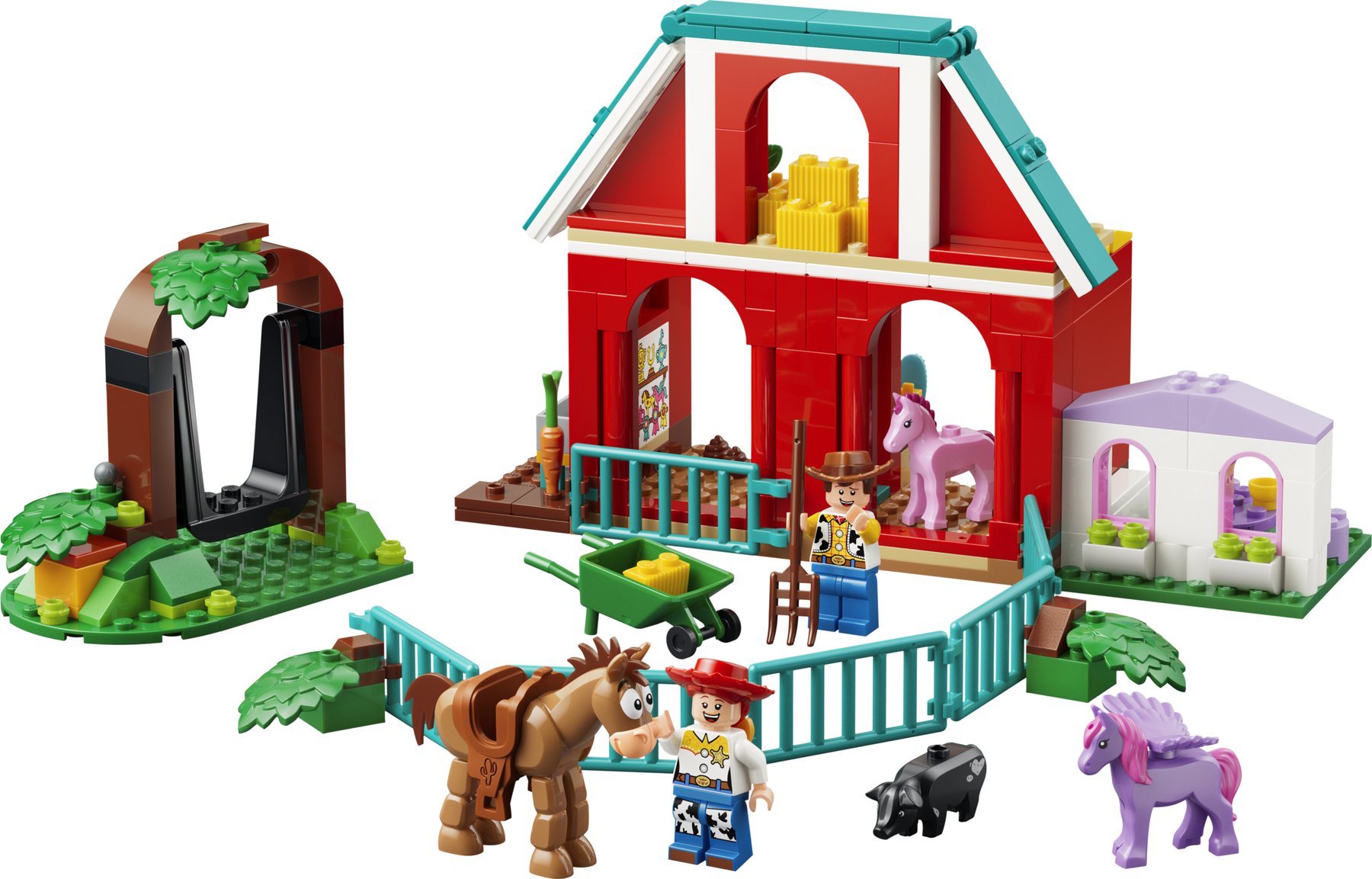 A LEGO® ǀ Disney and Pixar Toy Story 5 Blaze’s Horse Ranch featuring Woody and Jessie minifigures and accessories.