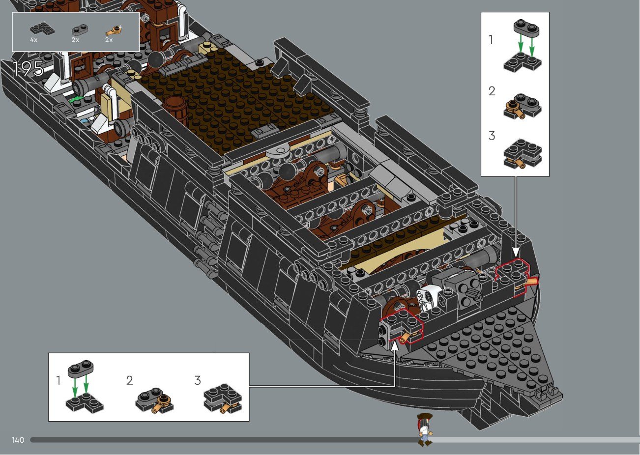 Official LEGO instruction detail page highlighting decorative subassemblies in LEGO Icons 10365 Captain Jack Sparrow’s Pirate Ship