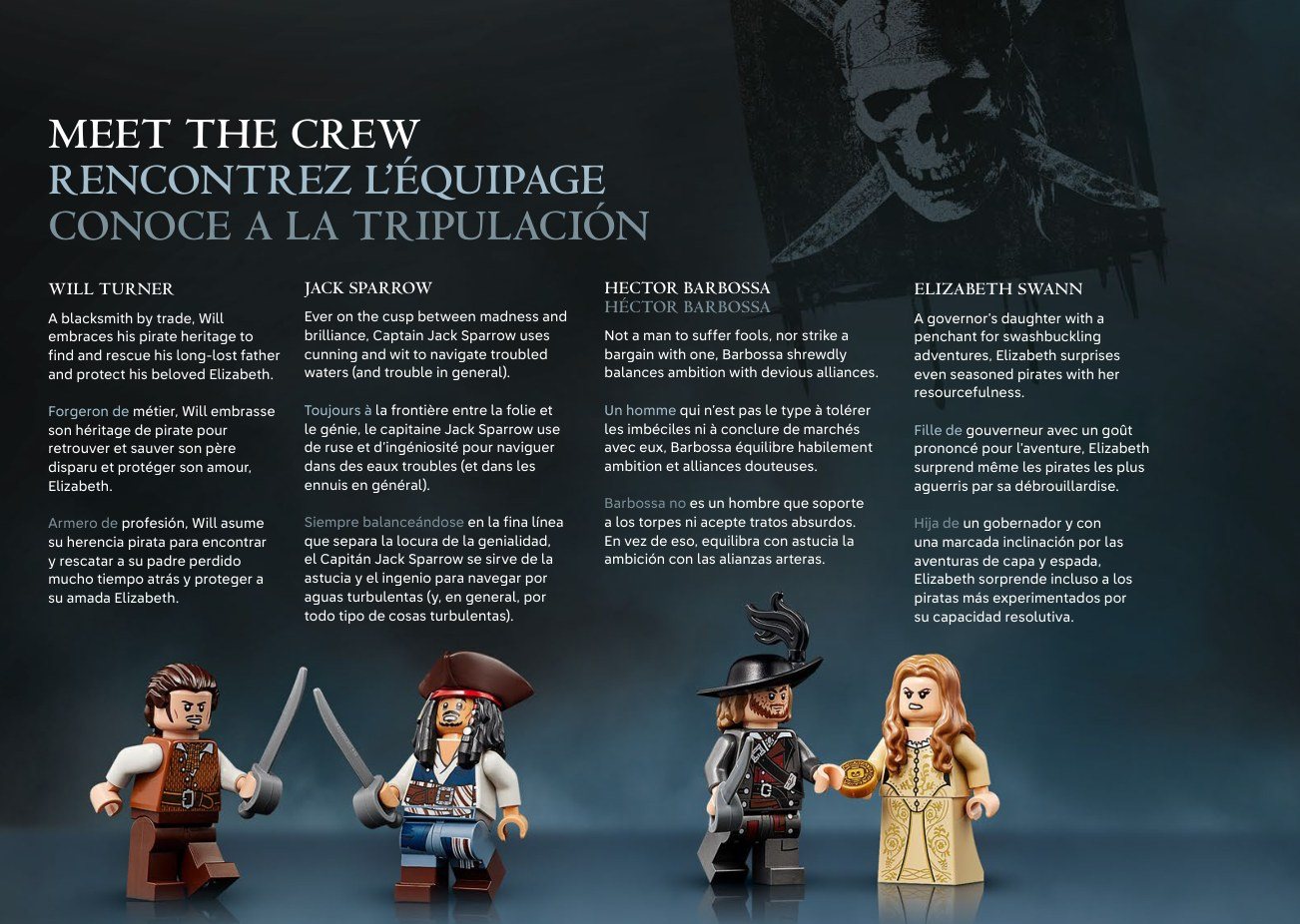 Official LEGO instruction page showing the main character lineup for LEGO Icons 10365 Captain Jack Sparrow’s Pirate Ship