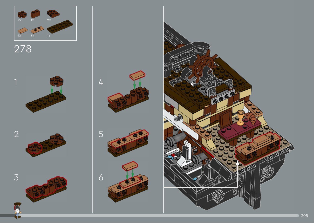 Official LEGO instruction page showing curved hull construction for LEGO Icons 10365 Captain Jack Sparrow’s Pirate Ship