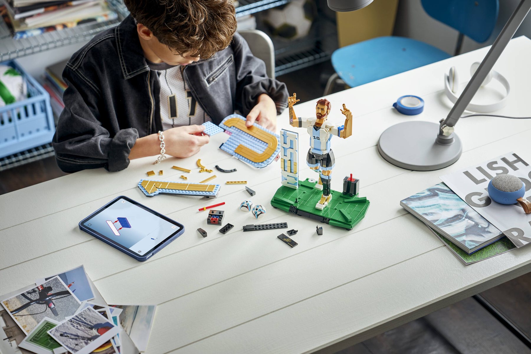 Official LEGO lifestyle image of 43015 Lionel Messi – Soccer Legend.