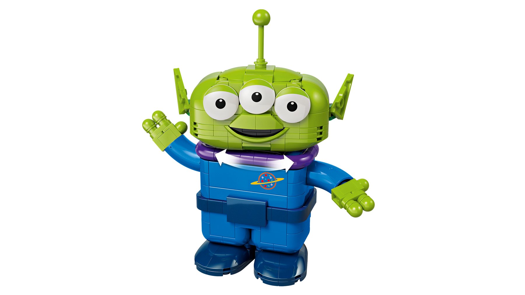 Close-up of an alien figure shown waving; arrows show how its head can move.