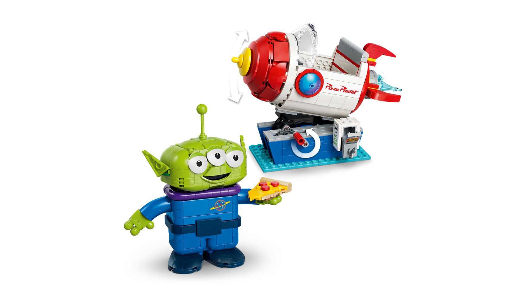 LEGO® | Disney Pixar Alien with Pizza Planet Rocket Ride with arrows showing how the ride can move.