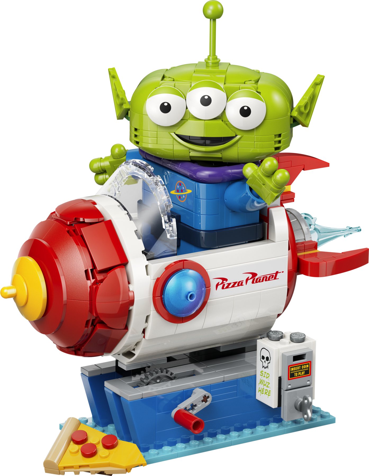 LEGO® | Disney Pixar Alien with Pizza Planet Rocket Ride, showing a brick-built figure on a baseplate.