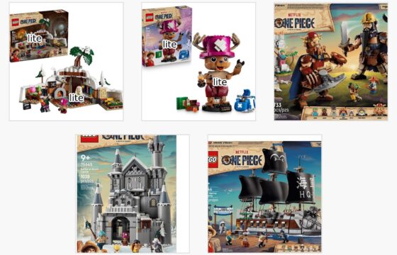 Collage of five leaked LEGO ONE PIECE set images shared via Reddit posts