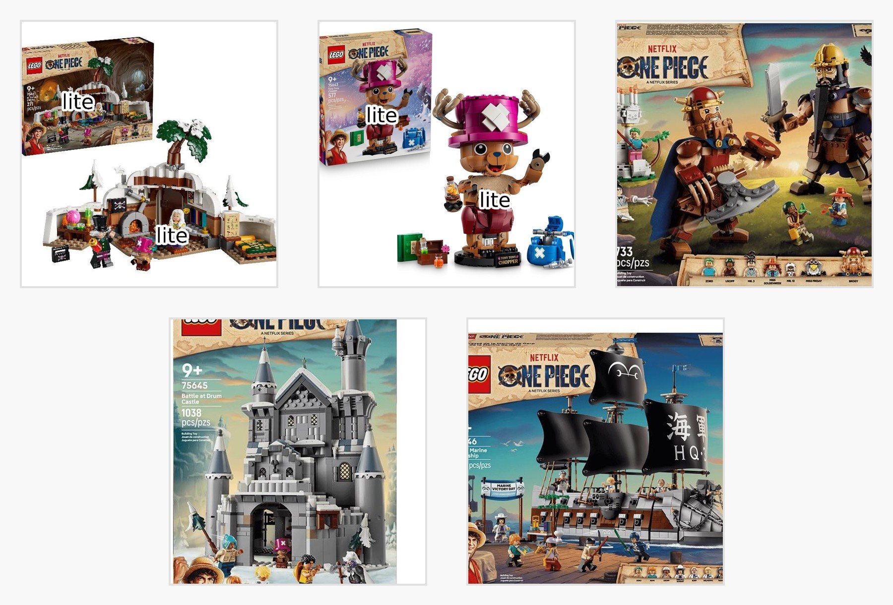 Collage of leaked LEGO ONE PIECE set images shared via Reddit