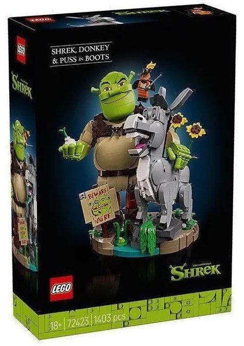 Leaked front-of-box image for LEGO Shrek 72423 Shrek, Donkey and Puss in Boots showing the full display model