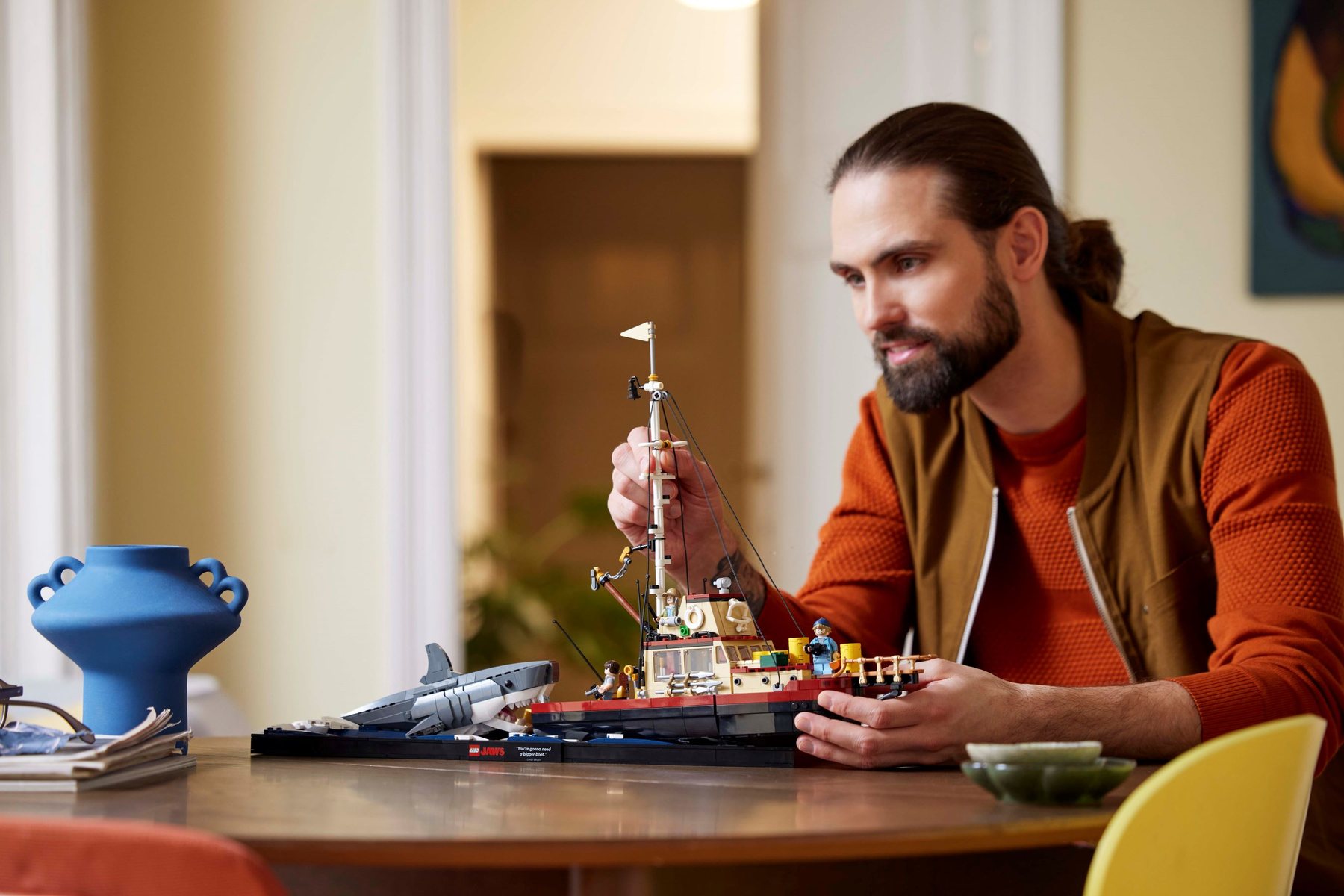 LEGO Ideas 21350 Jaws official lifestyle image showing the boat and shark display