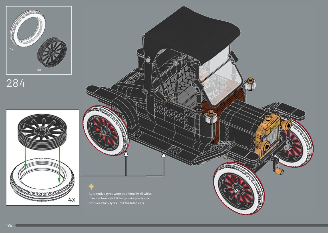 Official LEGO instructions-derived image showing near-finished wheel installation on LEGO Icons 11376 Ford Model T