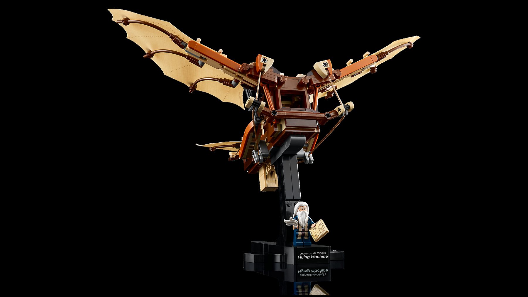 Official LEGO image highlighting the display stand and silhouette of LEGO Icons 10363 Leonardo da Vinci's Flying Machine