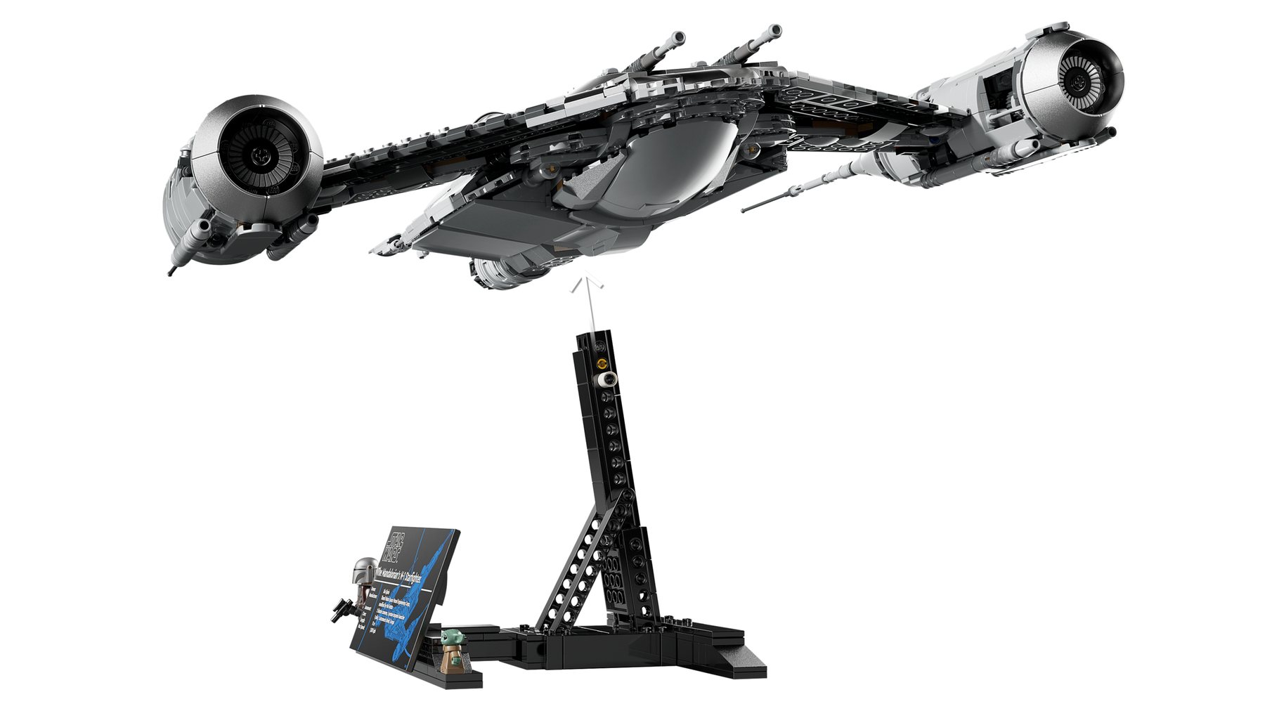 Official LEGO image showing underside and stand details for LEGO Star Wars 75442 The Mandalorian’s N-1 Starfighter