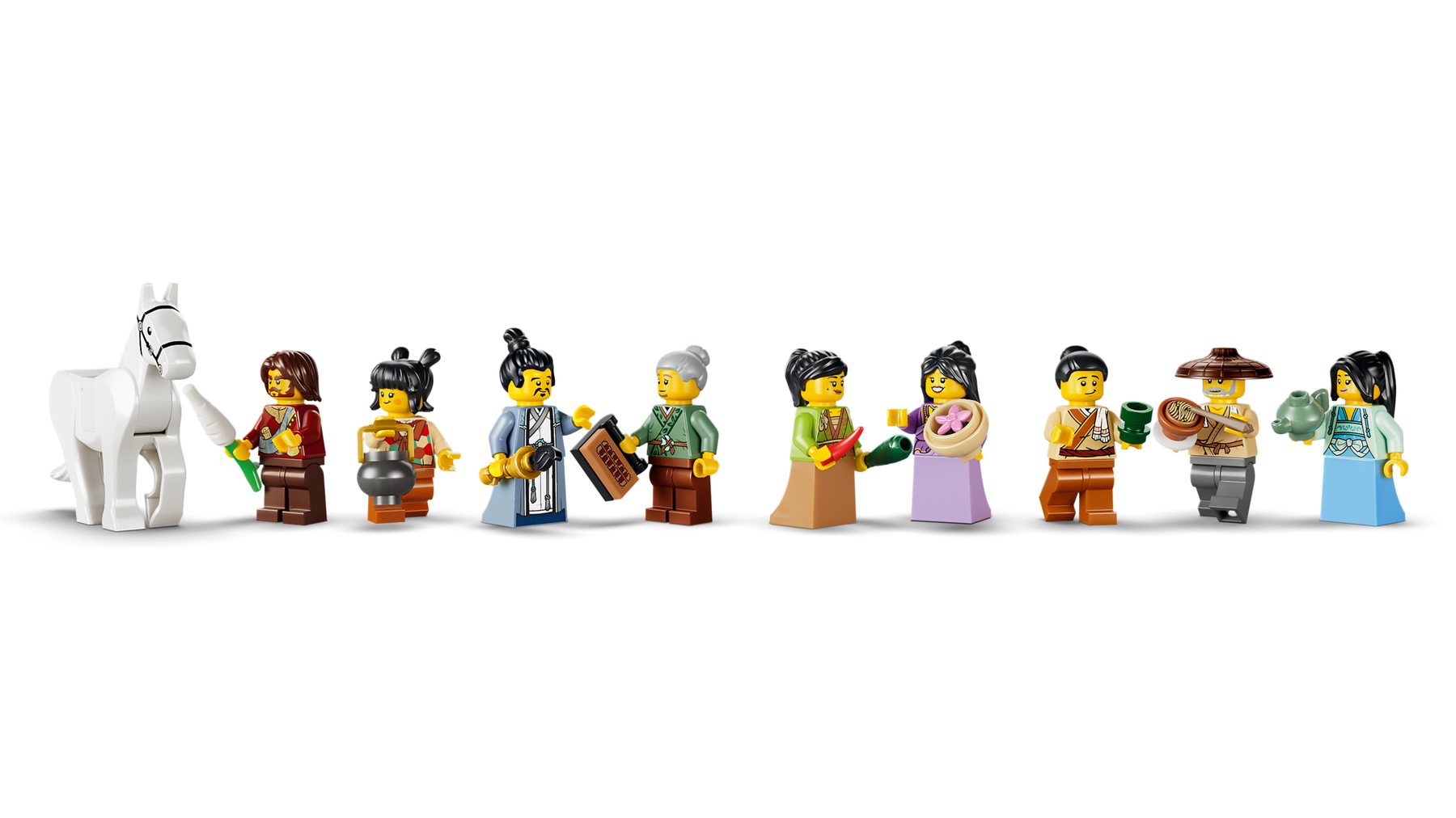 A line-up of minifigures: Su Dongpo, a farmer, inn owner, chef, teahouse owner, musician, businessman and 2 locals.
