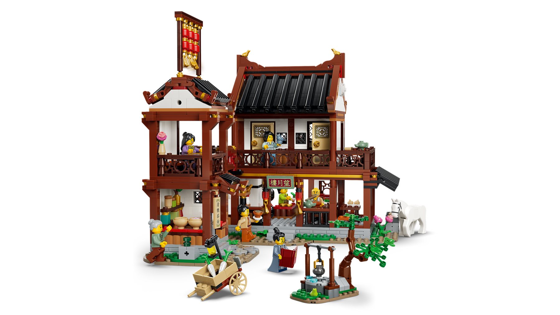 A LEGO® Chinese Festivals Ancient Moon-Gazing Inn set showing a 2-level inn, a teahouse, a brick-built well and a tree.
