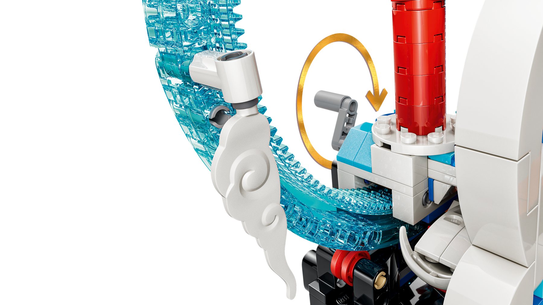 Close-up of the handle on a LEGO® Chinese Festivals Prosperity Carp Leaping set, with an arrow showing how it rotates.