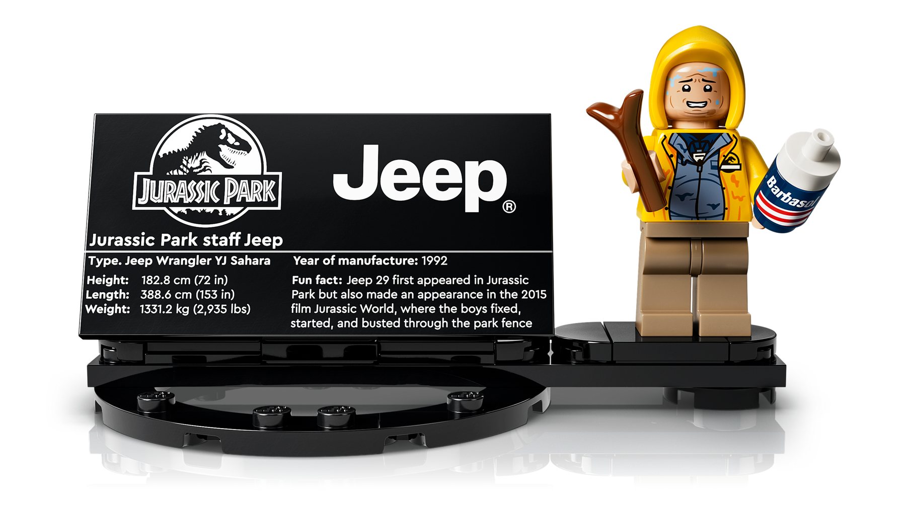 Official LEGO image of Jurassic Park Jeep Wrangler 77984 highlighting functions and model scale