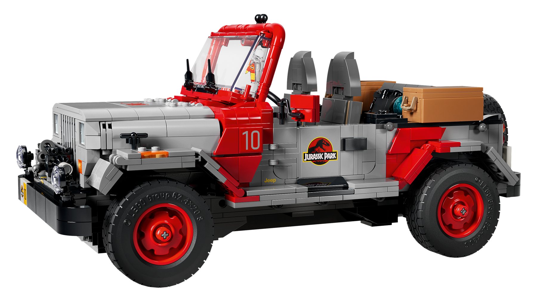 Official LEGO image of Jurassic Park Jeep Wrangler 77984 on display
