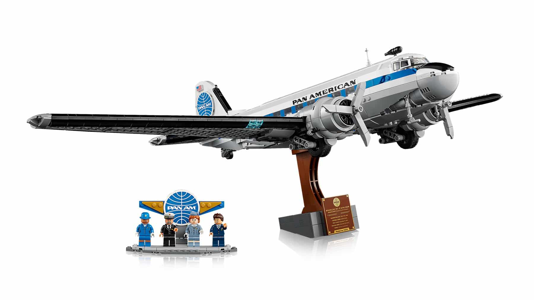 Official LEGO image showing the Pan Am crew minifigure display included with LEGO Icons 11378 Douglas DC-3 PAN AM Airliner
