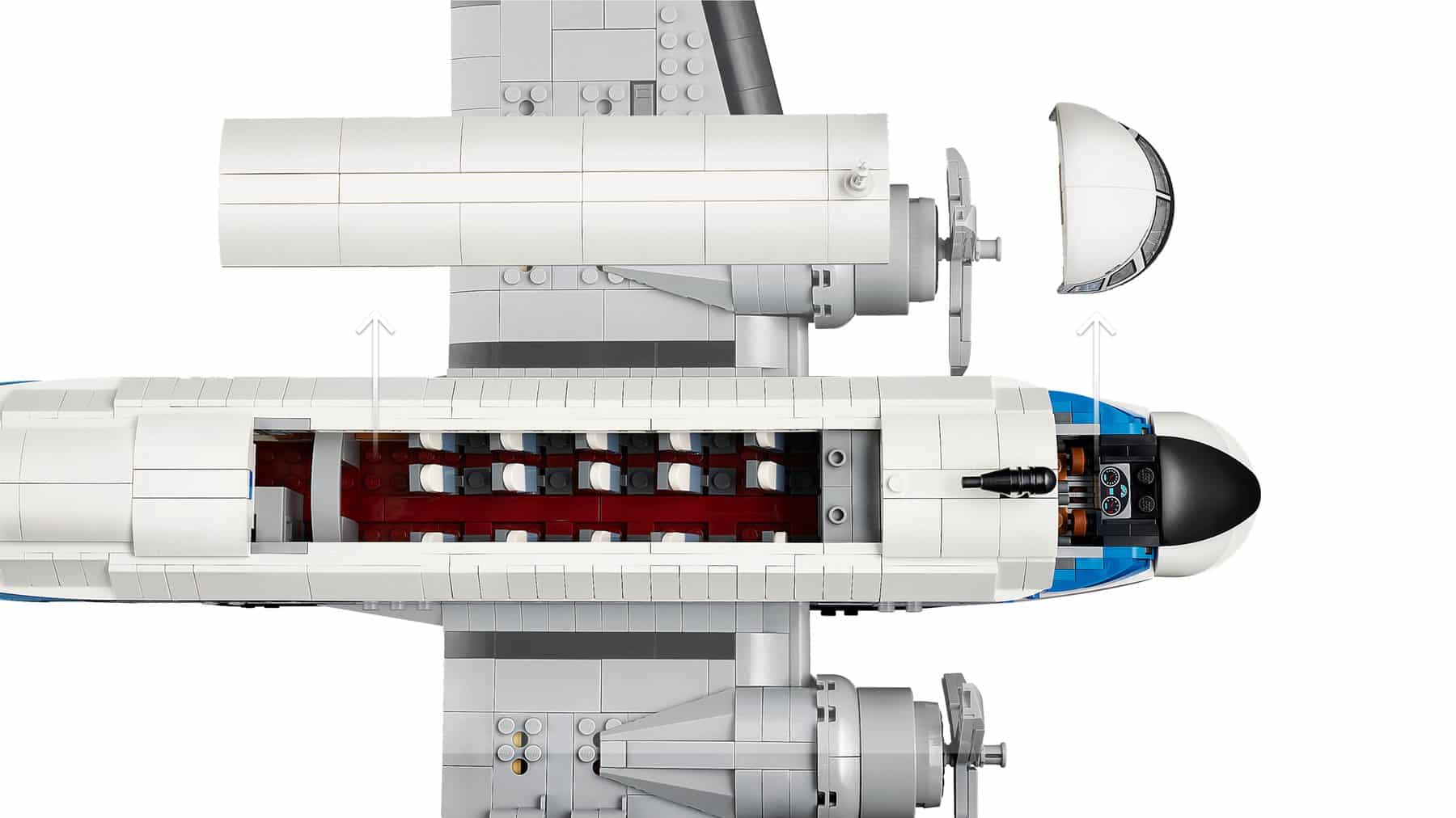 Official LEGO image showing removable panels and the interior of LEGO Icons 11378 Douglas DC-3 PAN AM Airliner