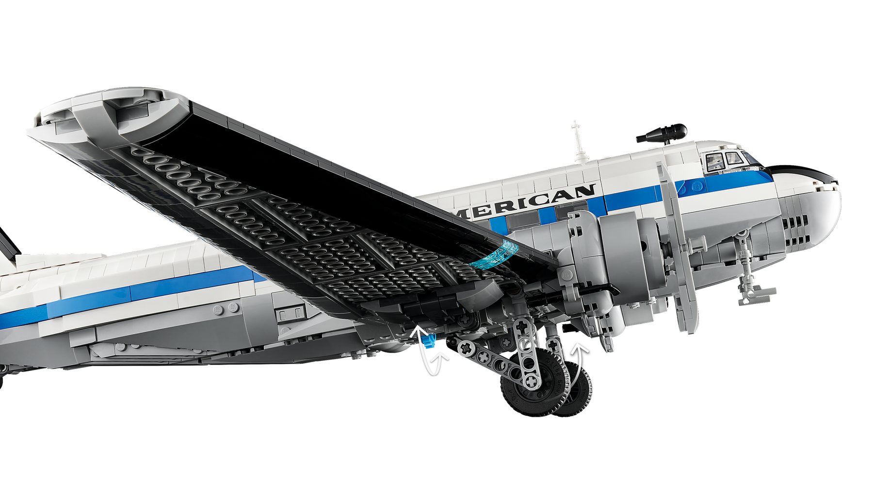 Official LEGO image showing the retractable landing gear detail on LEGO Icons 11378 Douglas DC-3 PAN AM Airliner