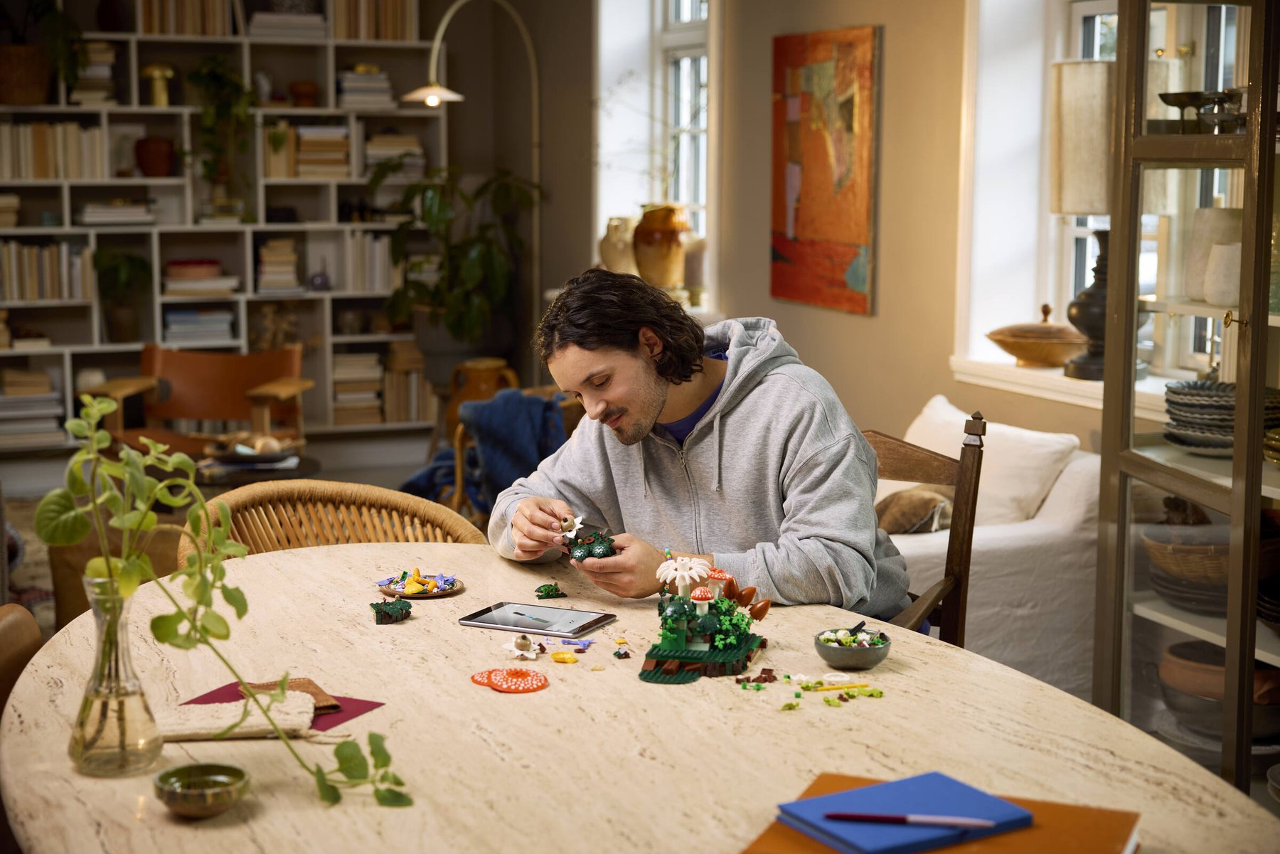 Official LEGO lifestyle image of Woodland Mushrooms on a shelf