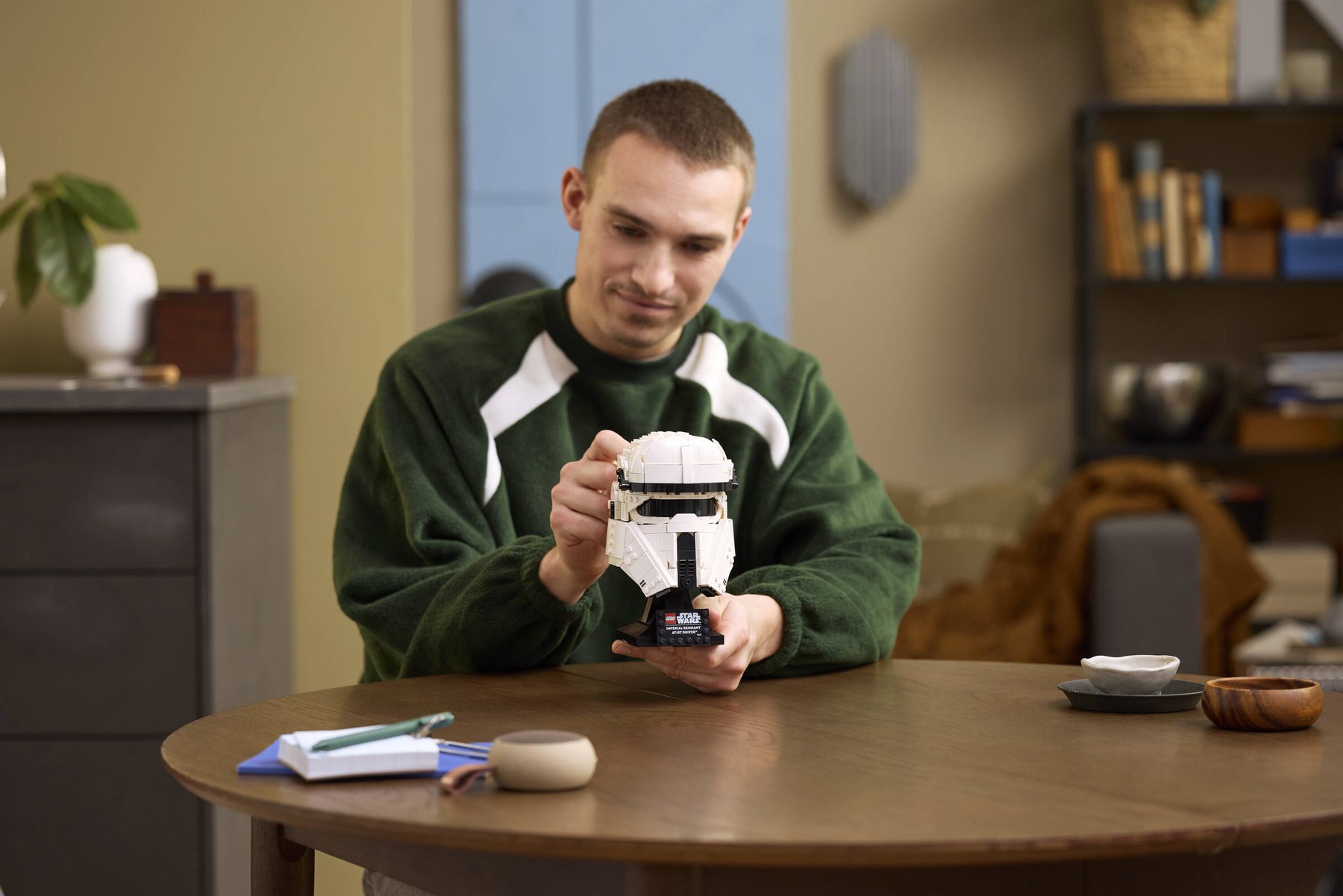Official LEGO image of Imperial Remnant AT-RT Driver Helmet from another display angle