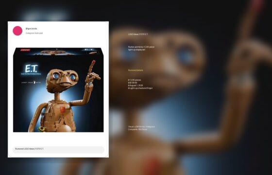 Composite editorial image featuring the leaked Instagram visual for the rumored LEGO Ideas 21370 E.T. set