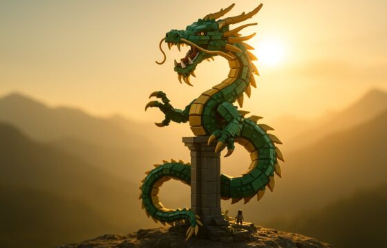 Original editorial illustration inspired by the rumored LEGO Pokémon 72168 Rayquaza set with a Sky Pillar style display