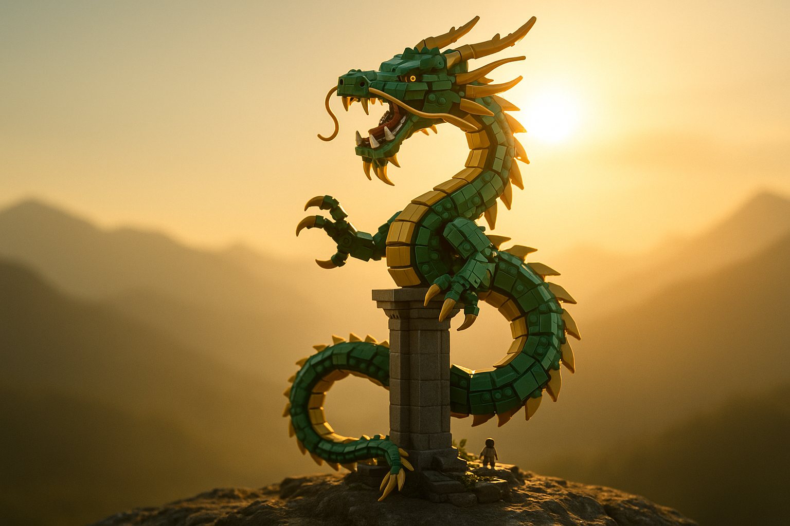 Original editorial illustration inspired by the rumored LEGO Pokémon 72168 Rayquaza set