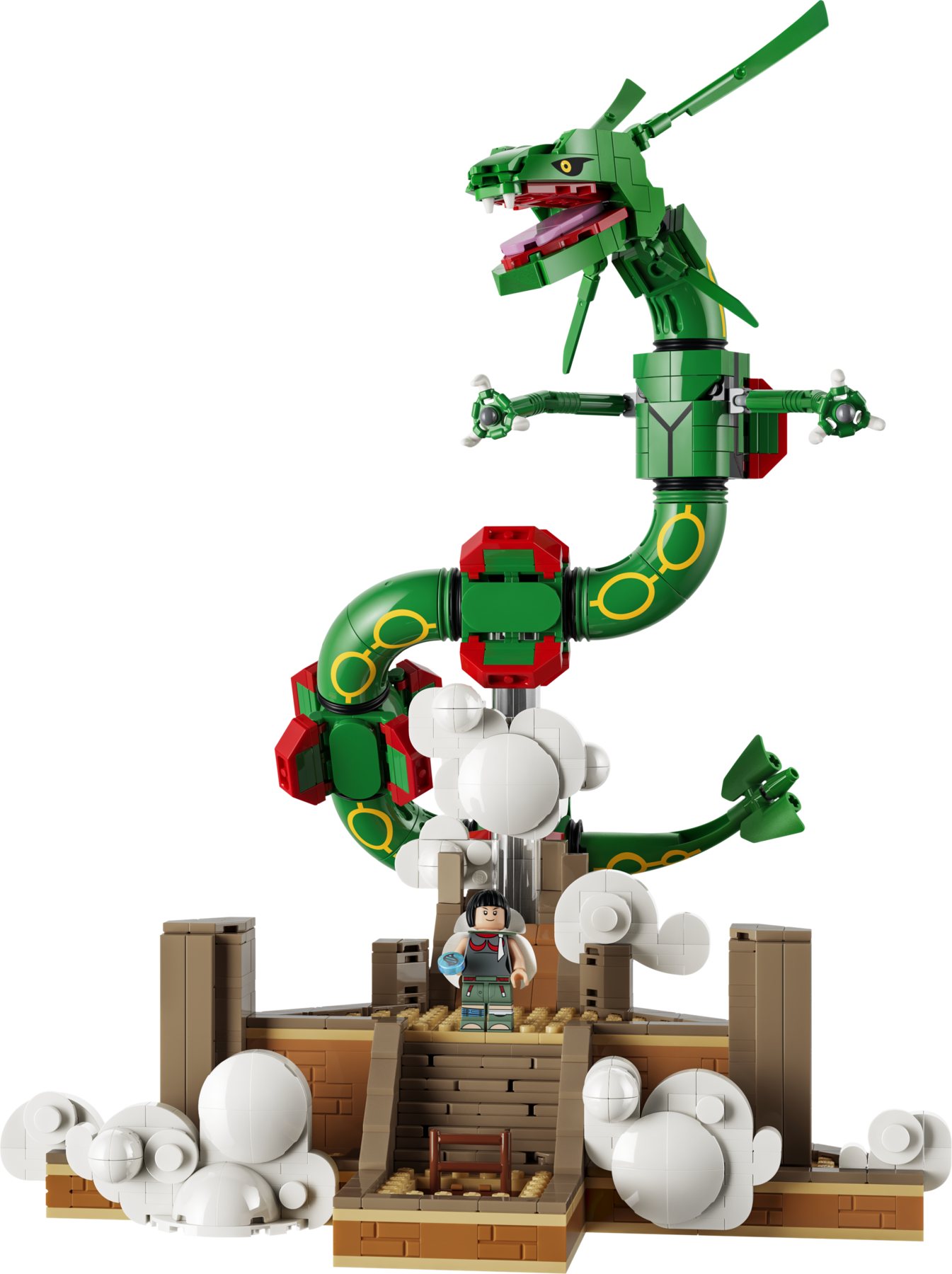 LEGO® Pokémon™ Rayquaza showing a brick-built figure on a baseplate and a minifigure.