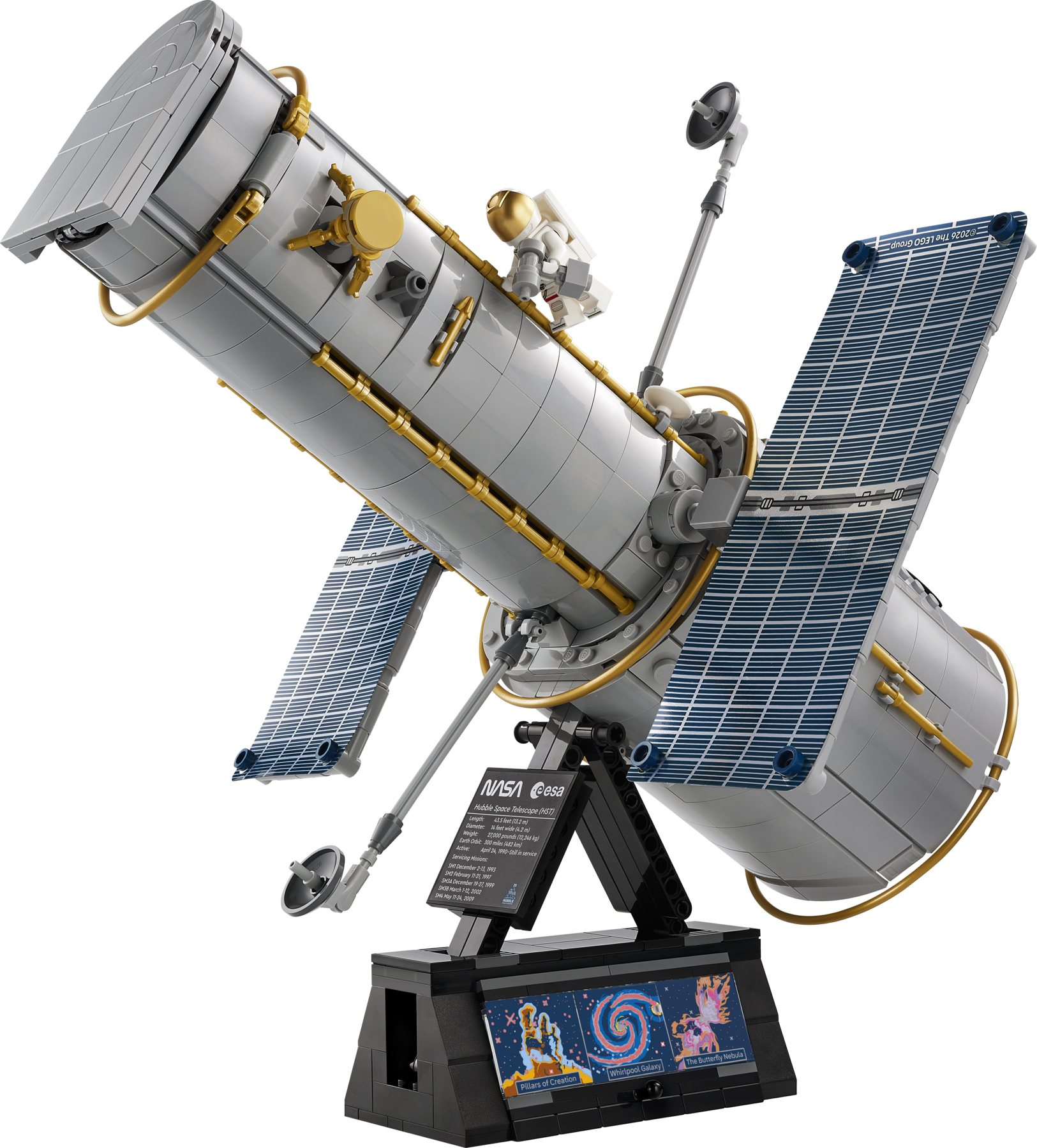 LEGO® Icons Hubble Space Telescope set on a stand featuring solar arrays and antennas, and an astronaut minifigure.