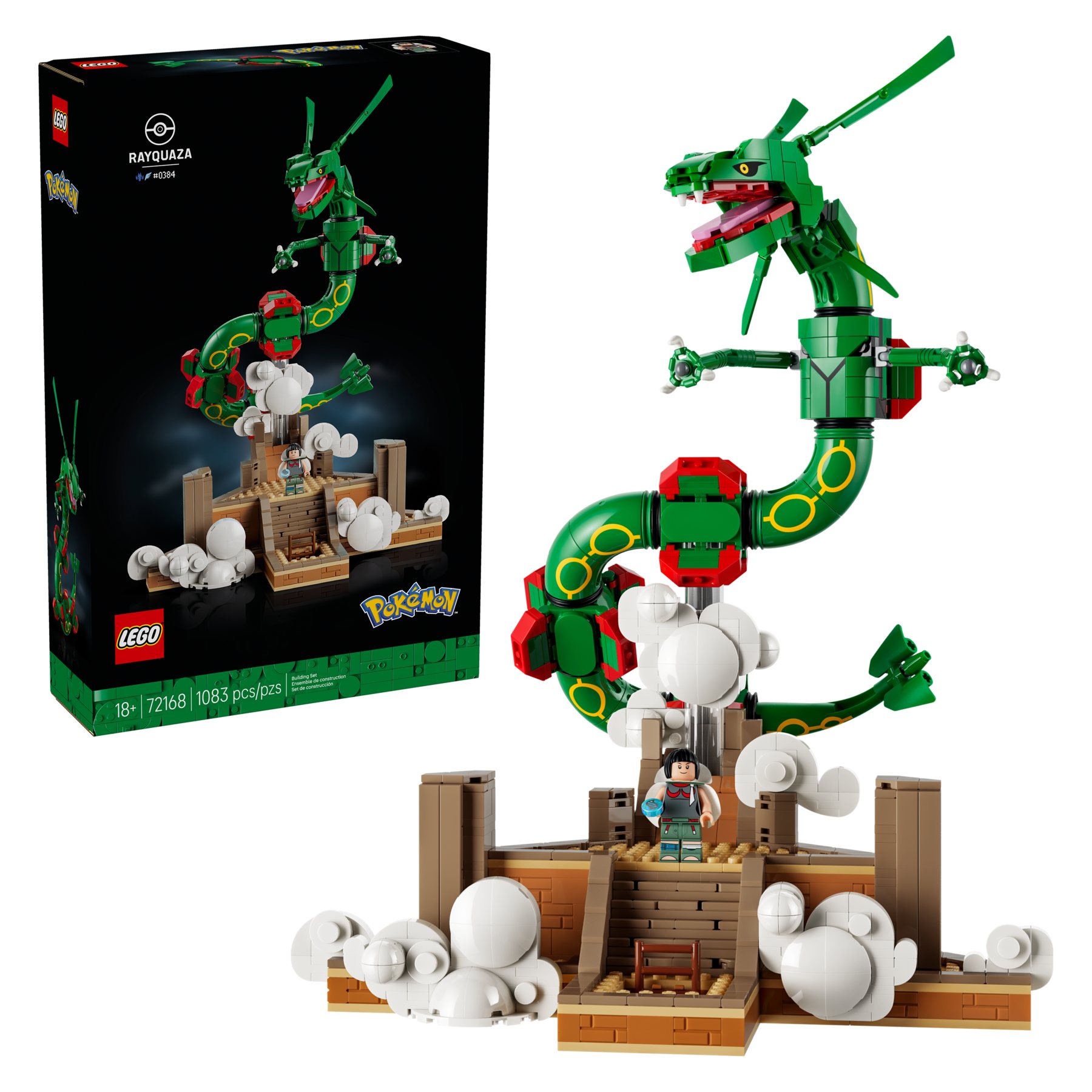 LEGO® Pokémon™ Rayquaza box shown top left, with built scene featuring a posable figure and minifigure below.