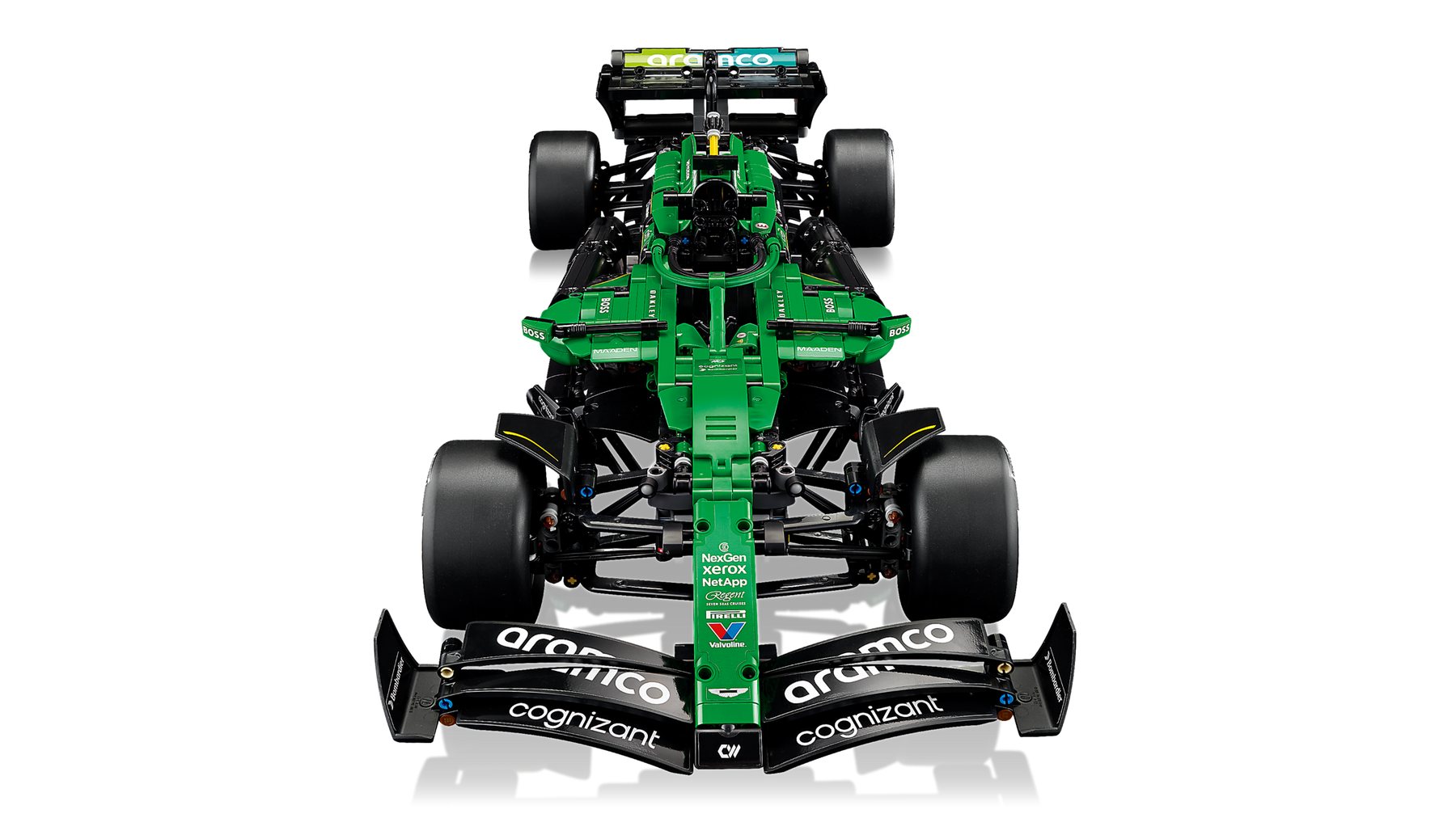 Official LEGO front three-quarter view of Aston Martin Aramco AMR25 F1 Car