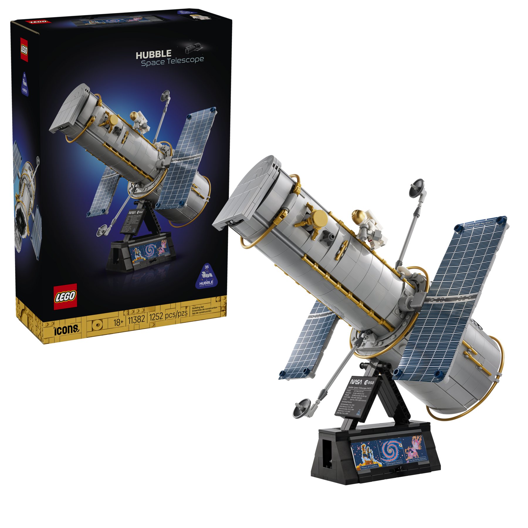 LEGO® Icons Hubble Space Telescope box shown top left, with a built set featuring solar arrays shown below.