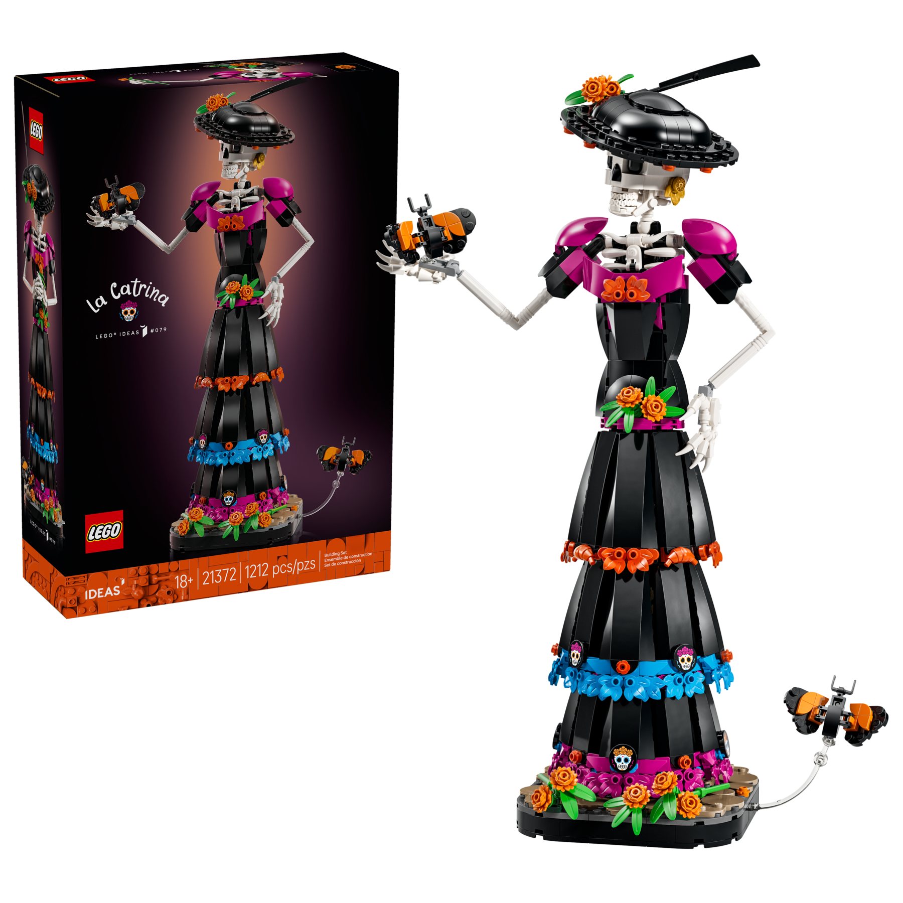 LEGO Ideas La Catrina box shown top left, with a brick-built skeleton on a stand shown below.