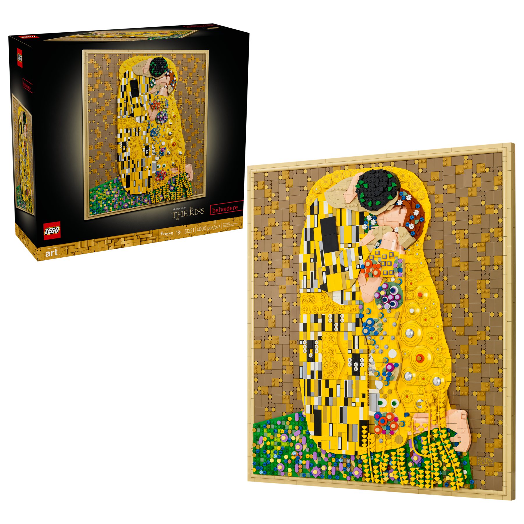 LEGO Art Gustav Klimt – The Kiss box shown top left, with built scene featuring a brick-built 3D artwork below.