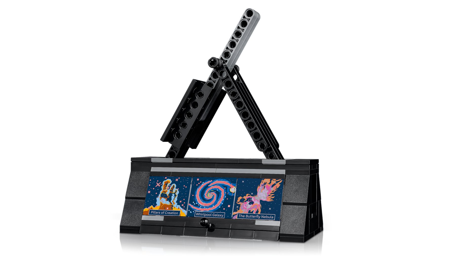 The stand and information plaque from a LEGO® Icons Hubble Space Telescope set.