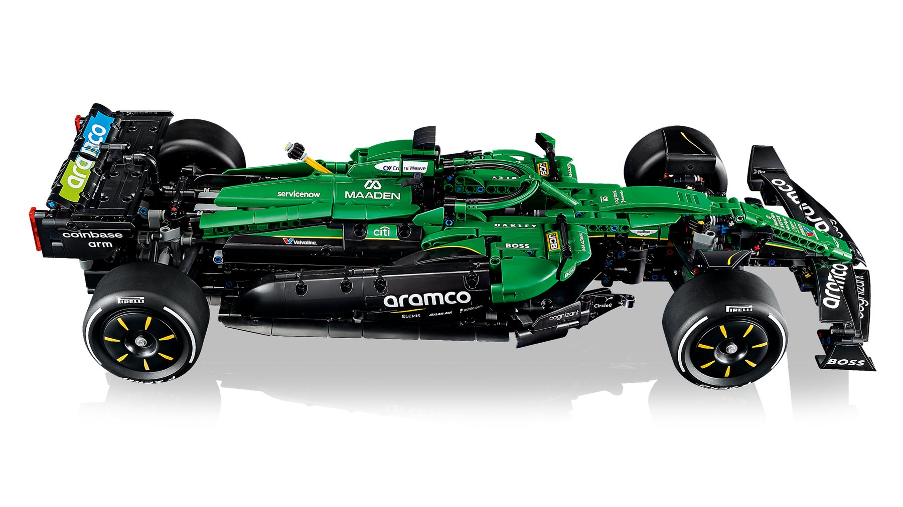 Official LEGO top and front detail view of Aston Martin Aramco AMR25 F1 Car