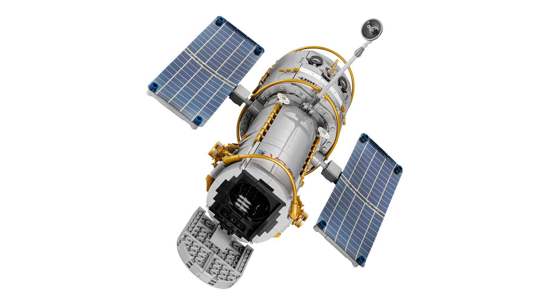 A LEGO® Icons Hubble Space Telescope set with solar arrays, antennas and an open aperture door.