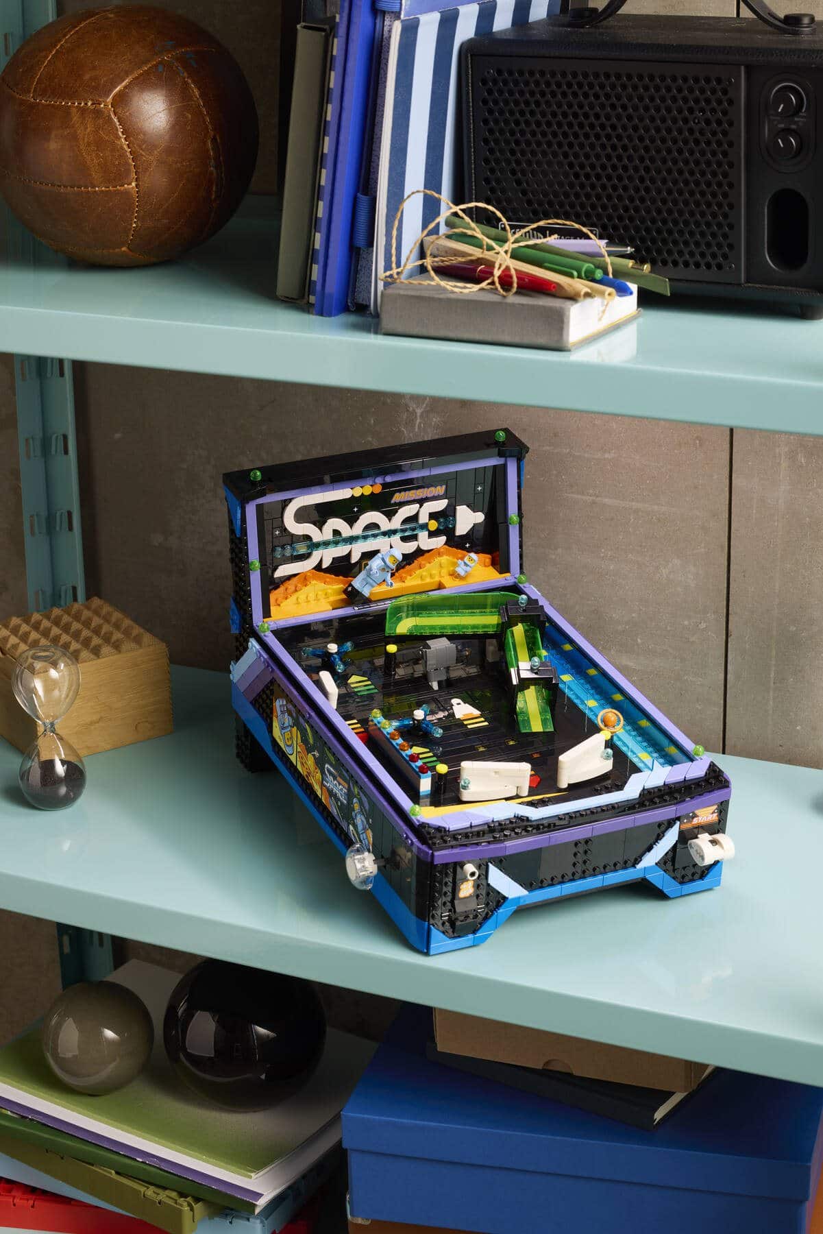 A LEGO® Icons Arcade Pinball Machine set displayed on a shelf.