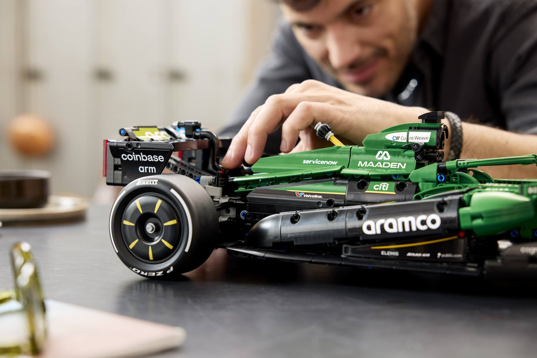 Official LEGO lifestyle image of Aston Martin Aramco AMR25 F1 Car