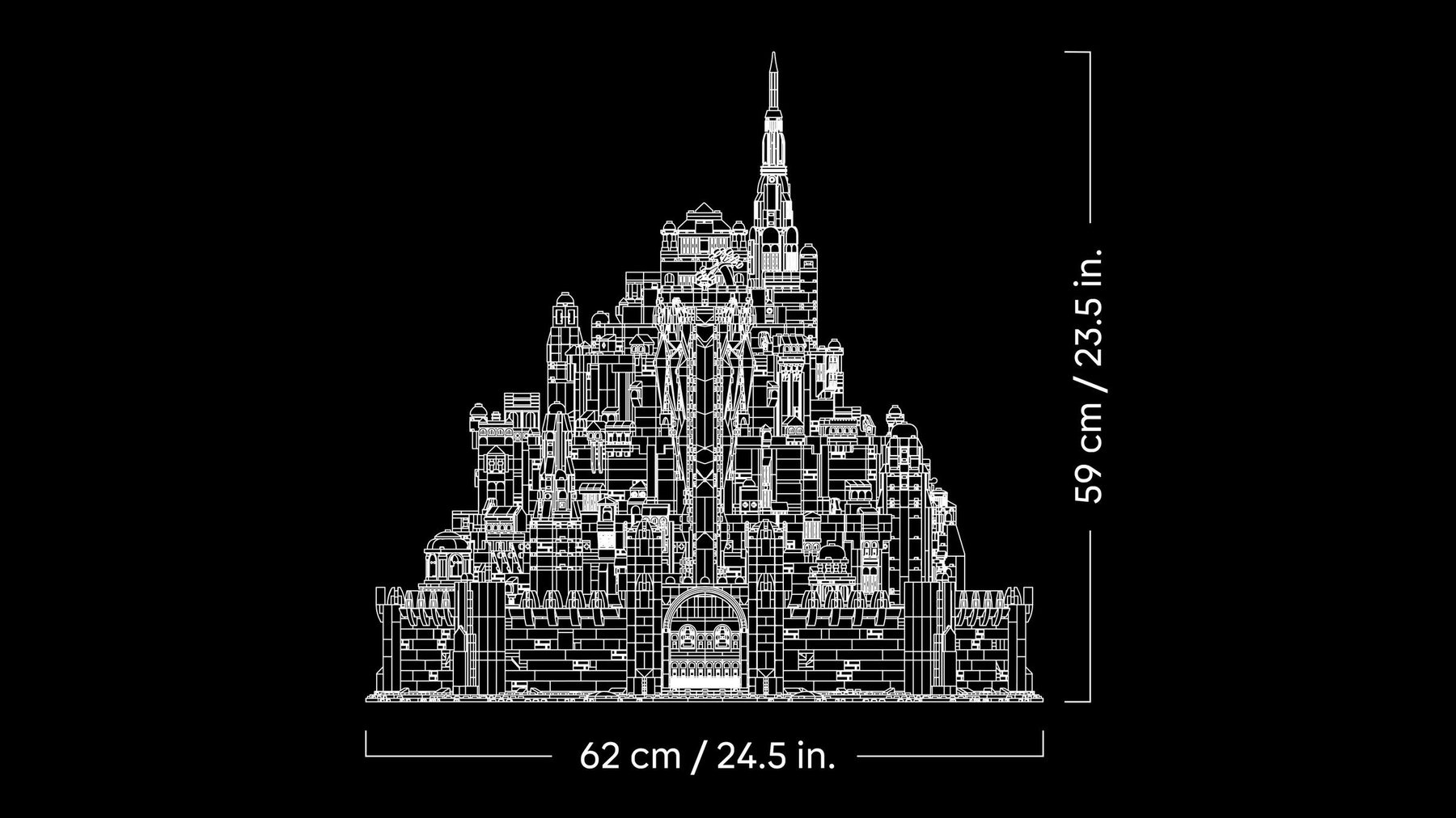 Illustrated LEGO® Icons The Lord of the Rings: Minas Tirith™ with 62 cm/ 24.5 in width and 59 cm/ 23.5 in height labels.