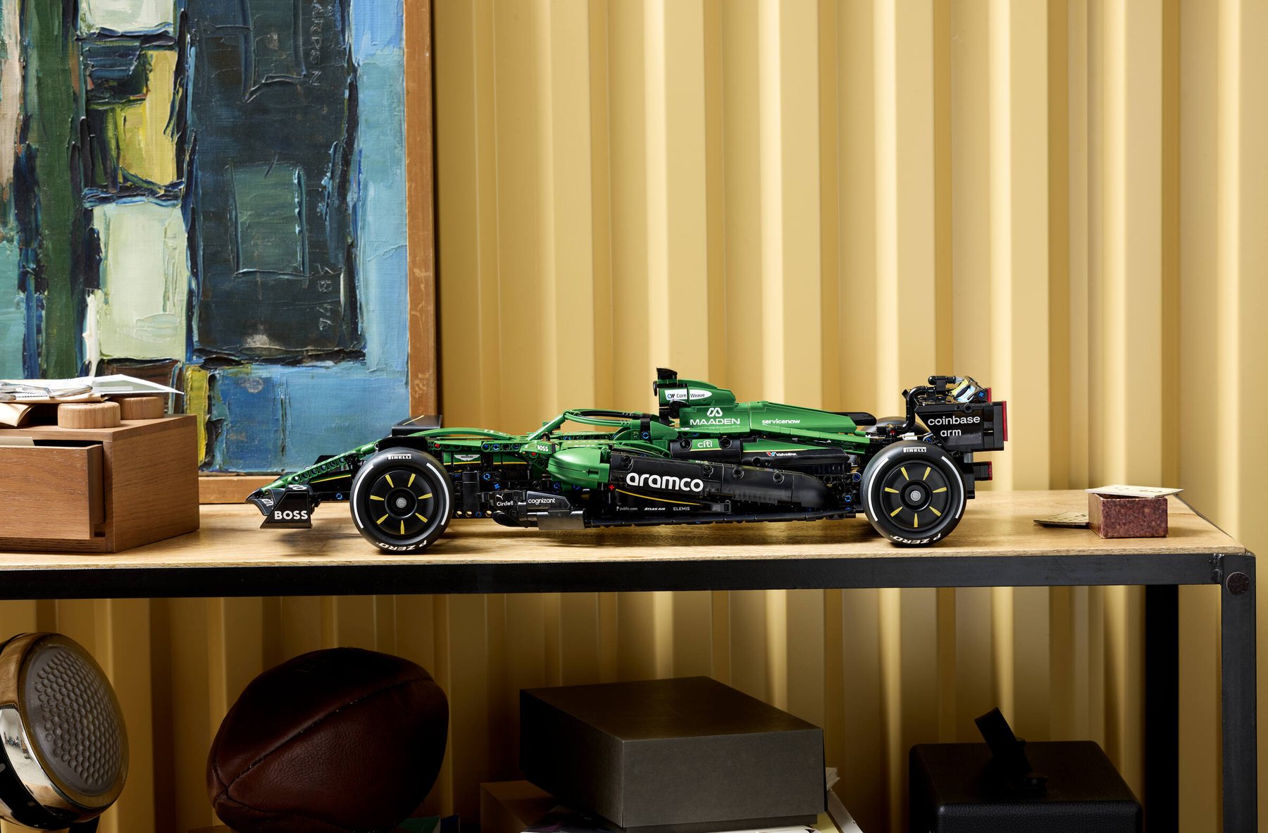 Official LEGO display environment image of Aston Martin Aramco AMR25 F1 Car